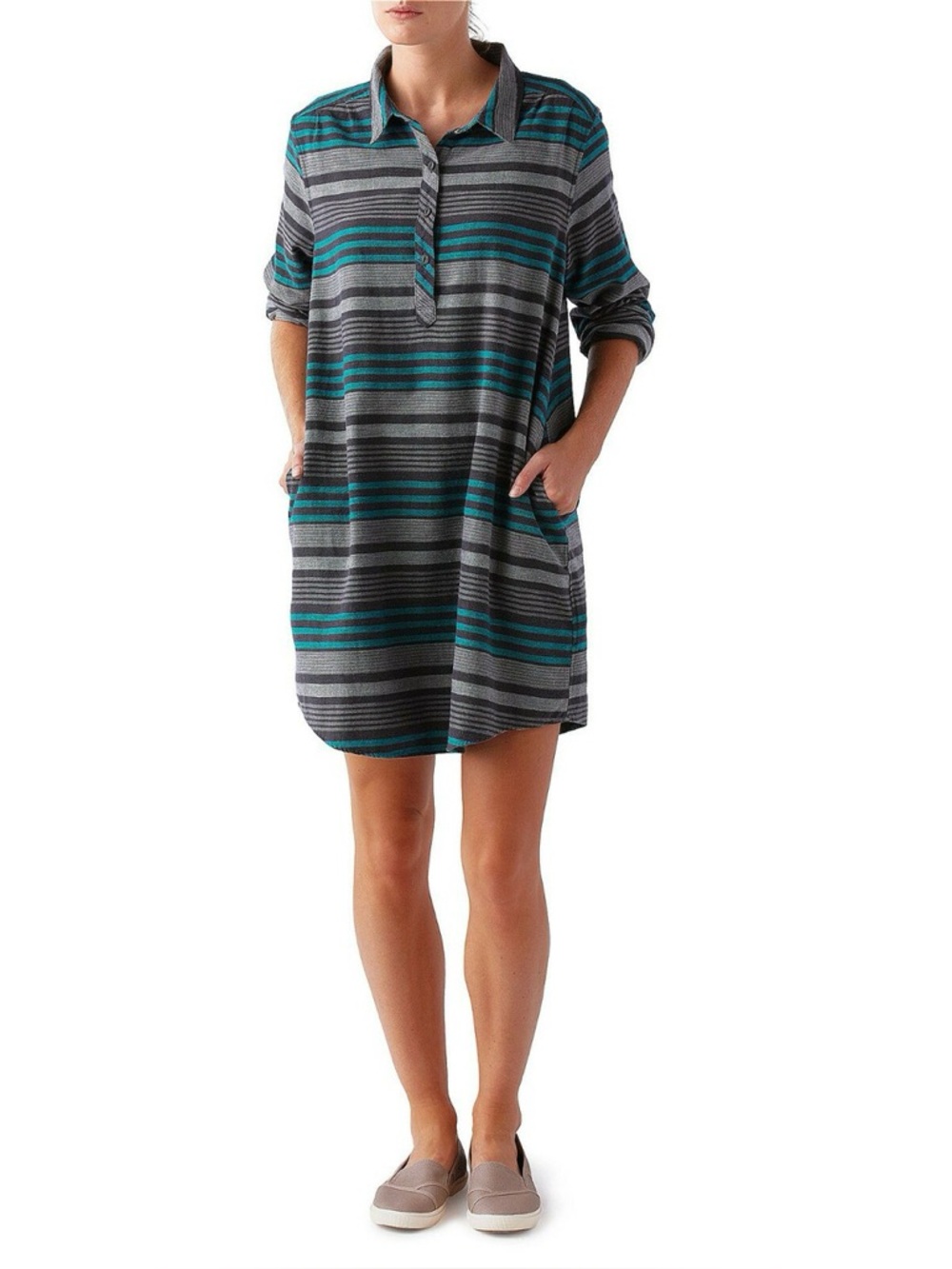 Patagonia Women's Heywood Flannel Dress striped gray and teal organic cotton